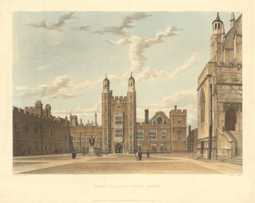 Eton College Great Court (School Yard). Ackermann's schools 1816 old print